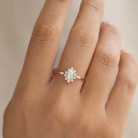 Sunburst Opal Halo Ring - Solana Romantic Engagement Ring, Engagement Rings Romantic, Opal Wedding Rings, London Blue Topaz Ring, Opal Engagement, Detailed Ring, Solid Gold Jewelry, Pearl Gemstone, Marquise Diamond