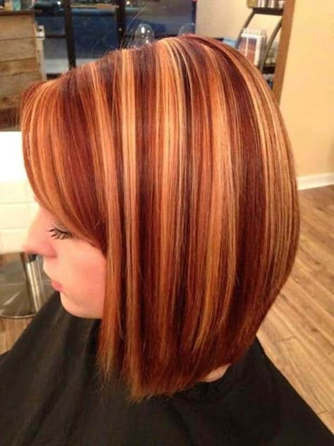 Red Hair With Thick Blonde Highlights, Autumn Color Hair Highlights, Low Maintenance Vibrant Hair Color, Copper And Red Highlights, Red And Blonde Short Hair, Copper Red Hair With Highlights, Red With Blonde Highlights, Red And Blonde Highlights, Red Hair With Blonde