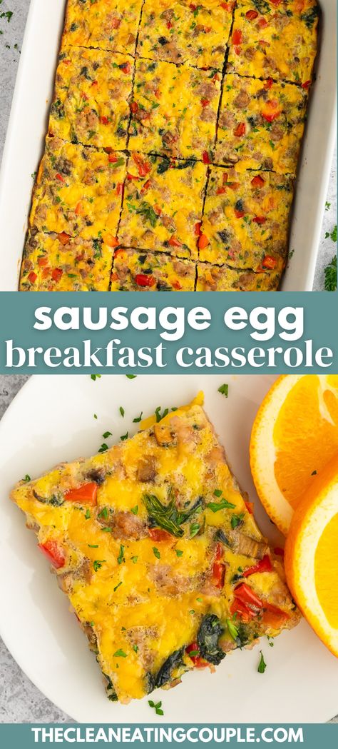 Sausage Egg Casserole without Bread is easy to make, high protein and delicious! Great for meal prep or feeding a crowd! This low carb sausage casserole can be made with Italian, turkey, pork, or chicken sausage. It's keto and yummy! Make Ahead Egg Bake, Egg Casserole Without Bread, Healthy Egg Bake, Sausage Egg Breakfast Casserole, Low Carb Sausage, Sausage Egg Bake, Couple Recipes, Egg Breakfast Casserole, Breakfast Egg Bake