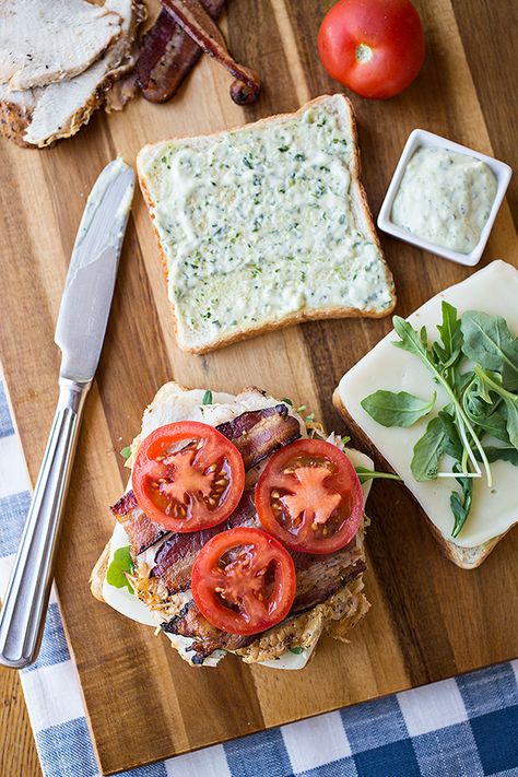 Turkey Club Sandwich Recipes, Herb Mayo, Turkey Club Sandwich, Bacon Crisps, Tomatoes On Toast, Turkey Club, Maple Bourbon, Savory Herb, Candied Bacon