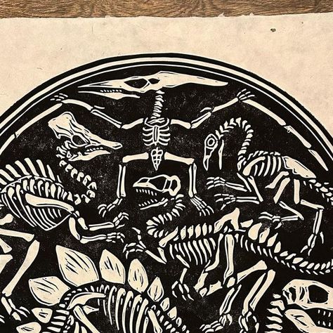 Brian Reedy on Instagram Dinosaur Skeleton Illustration, Trex Skeleton, Lino Printmaking, Lino Print Pattern, Linocut Inspiration, Dinosaur Skeletons, Printmaking Ideas, Diy Stamps, Dino Art