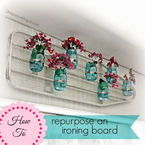 These creative ironing board ideas are perfect for utilizing every last inch of space in your work area. Ironing Board Ideas, Antique Ironing Boards, Vintage Ironing Boards, Planter Hanger, Old Ironing Boards, Wooden Ironing Board, Mason Jar Planter, Ironing Boards, Hanger Diy