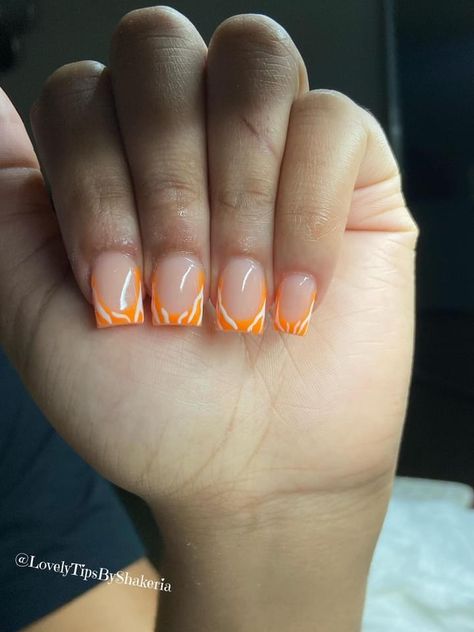 Orange Nails Short Acrylic, Short Short Acrylic Nails Square, Orange French Tip Nails Short, Short Orange Acrylic Nails, Orange Frenchies, Orange Short Nails, Orange Nails Short, Short Orange Nails, Mum Nails