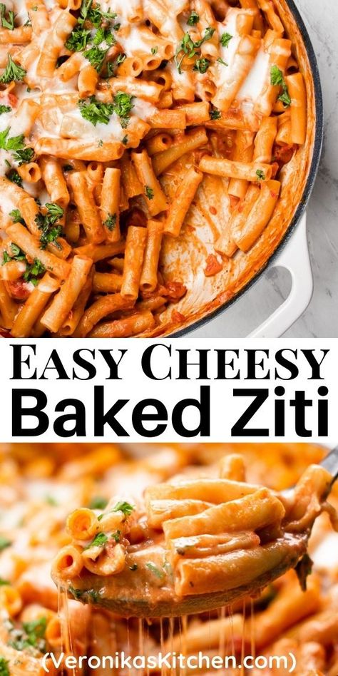 Baked ziti, topped with melted cheese in a white casserole dish. 3 Cheese Ziti Pasta, Ziti Recipes Stovetop, Cheesy Marinara Pasta, Skillet Baked Ziti, One Pot Cheesy Pasta, One Pot Baked Pasta, Stove Top Pasta Recipes, Stove Top Baked Ziti, Baked Ziti Without Ricotta Cheese