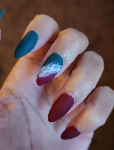 Matte Burgundy and Teal Nails with white smokey wisps on middle finger Maroon And Teal Nails, Navy And Burgundy Nails, Dark Teal Nails, Dark Red Nails, Teal Nails, Maroon Nails, Teal Wedding, Burgundy Nails, Rose Nails