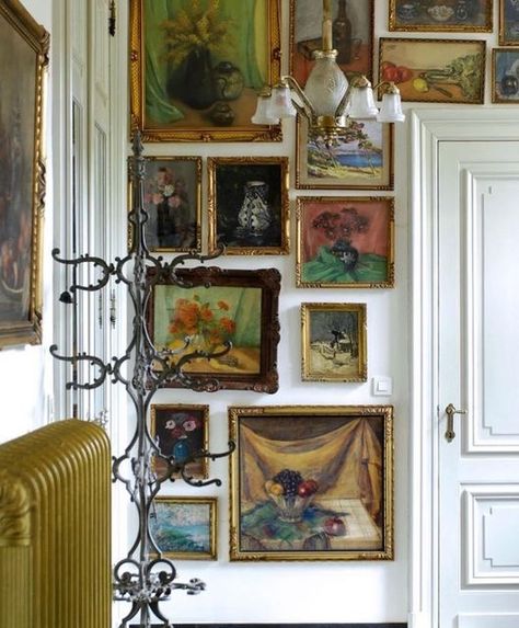 Painting Hung On Wall, Paintings Hung On Walls, Wall Full Of Paintings Bedroom, Collage Of Paintings On Wall, Bohemian Cottage Decor Ideas, Room With Art Wall, Old Frames Ideas Wall Art, Portraits On Wall, Old Paintings Aesthetic