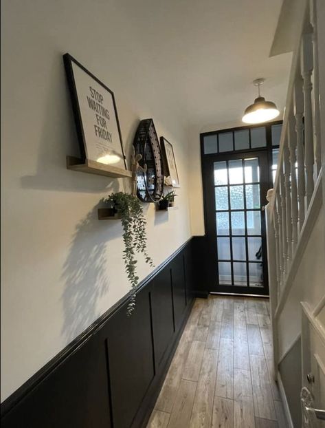 Black Panel Wall Hallway, Half White Half Black Wall, Waynes Coating Black, Half Black Wall Hallway, Black Panelled Hallway, Black Paint Under Chair Rail, Black Wood Paneling Half Wall, Black Wainscoting Half Wall, Black Wood Hallway