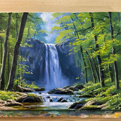 Original Artwork by John Rowell Correa (Correa Art) * 8" x 10" Acrylic on canvas * FREE SHIPPING * NOTE: Colors may vary slightly based from what is shown on a computer screen Correa Art, Drawing Borders, Beautiful Landscape Paintings, Painting Forest, Scotland Landscape, Waterfall Pictures, Bridge Painting, Forest Waterfall, Waterfall Paintings