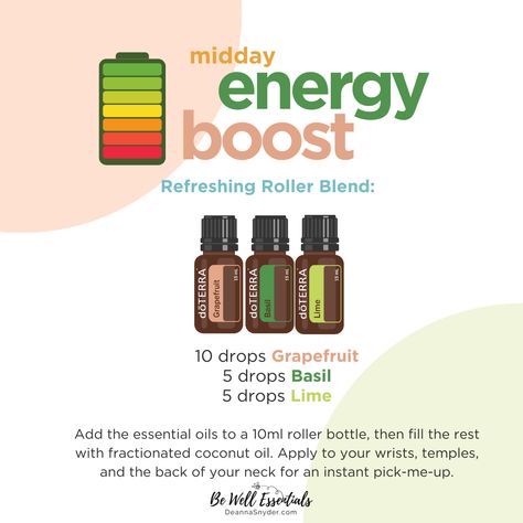 Feeling the afternoon slump? Whether you’re working from home or heading to the office, we've got you covered with a quick and easy energy boost using essential oils!  How It Helps: 🍋Grapefruit: Energizes and uplifts mood. 🌿Basil: Enhances focus and clarity. 🍋‍🟩Lime: Refreshes and invigorates.  💨 You can also add these oils to a diffuser. Be sure to keep this blend handy to power through your workday with renewed energy and enthusiasm. Afternoon Slump, Using Essential Oils, Essential Oil Roller, Energy Boost, Roller Bottle, Fractionated Coconut Oil, Doterra Essential Oils, Boost Energy, Health Coach