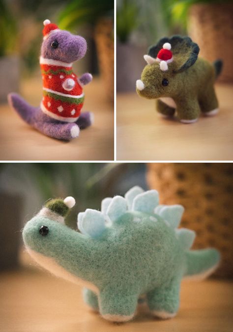 Needle Felted Dinosaur, Needle Felted Ornaments, Needle Felting Diy, Diy Christmas Decor, Needle Felted Christmas, Wool Needle Felting, Needle Felting Tutorials, Felt Christmas Decorations, Needle Felting Projects