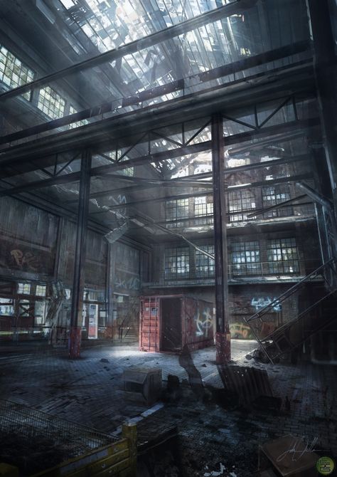 abandoned warehouse concept art Abandoned Warehouse, Apocalypse Aesthetic, Bg Design, Industrial Building, Have Inspiration, Post Apocalypse, Environment Design, Abandoned Buildings, Environment Concept Art