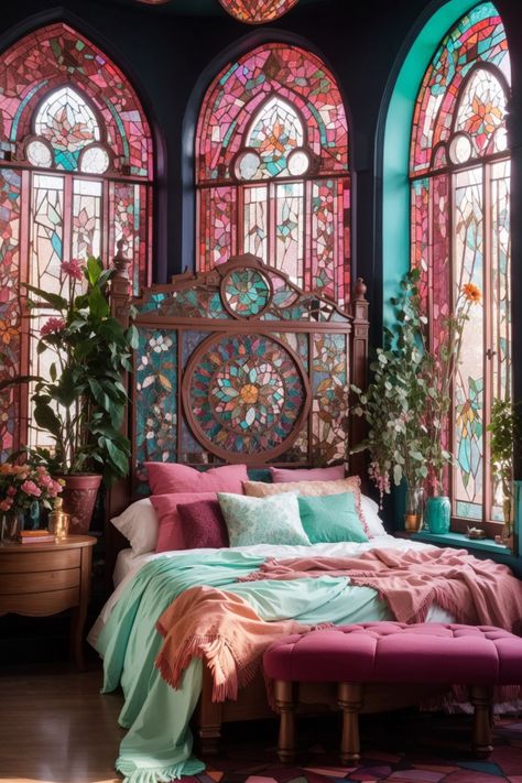 Enter a realm where grandeur meets earthiness in this Dark Boho Bedroom, as stained glass windows weave tales in light. The teal and pink bedding contrasts sumptuously with the dark blue walls, as an intricate headboard takes the breath away. A lush pink bench adds a royal touch, while potted plants bring whispers of nature. The geometric rug grounds the space in cozy warmth. Indeed this dark boho bedroom is the epitome of cozy while being beautiful. Stained Glass In Bedroom, Plants And Lights Bedroom, Bedroom Ideas Windows Beside Bed, Pink And Blue House Decor, Teal Pink Aesthetic, Stained Glass Headboard, Pink And Teal Room, Dark Blue And Pink Bedroom, Dark Pink Room