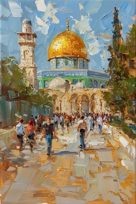 Golden Dome, Middle Eastern Art, Rendering Techniques, Painting Simple, Islamic Art Canvas, Dome Of The Rock, Orthodox Christian Icons, Architecture Design Sketch, Simple Canvas Paintings