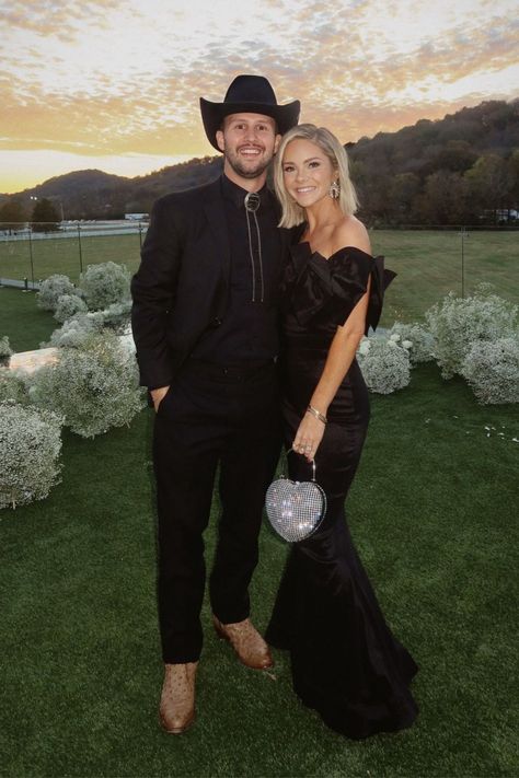 Mens Western Wedding Attire Guest, Disco Cowboy Wedding Guest, Cowboy Black Tie Attire, Cowboy Wedding Guest Outfit Men, Formal Country Wedding, All Black Attire Wedding Guest, Mens Formal Western Outfits, Black Suit With Cowboy Boots, Country Black Tie Wedding