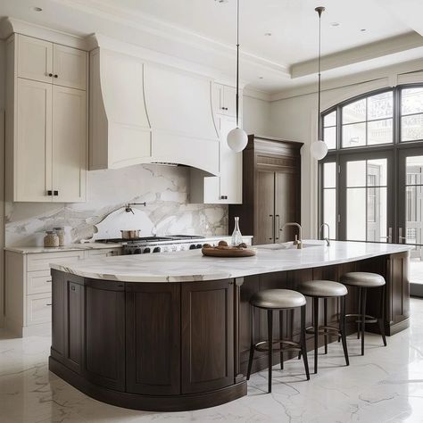 Loving this kitchen concept! Are you liking the curved island trend, too? Brings softness to the space while the tray ceiling adds to the grandeur. What's your favorite feature in a kitchen design? . Design. @cielo.and.oak #cieloconcept #rendering #render #kitchen #concept #kitchengoals #kitchensofinstagram #kitchendesign #aidesign #island #interiordesign #interiorinspo #interiorforinspo #yyj #yyjdesign #yyjbusiness #womeninbusiness Curved Islands In Kitchen, Oval Island Kitchen, Curved Kitchen Island With Seating, Round Island Kitchen, Curved Island Kitchen, Rounded Island Kitchen, Curved Kitchen Island Ideas, Curved Kitchen Islands, Rounded Kitchen Island