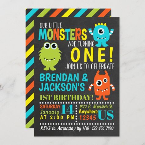 Twins Birthday Party Invitation Monsters Blueberry Birthday, Monster First Birthday, Monster Birthday Party, Monster Birthday Invitations, Little Monster Birthday, Monster 1st Birthdays, Twin Birthday Parties, Boys 1st Birthday Party Ideas, Baby Boy 1st Birthday Party