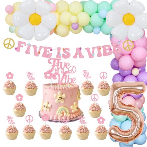 Three Is A Vibe Birthday, 5 Is A Vibe Birthday Party Activities, 5 Girl Birthday Party Ideas, 5th Birthday Girl Party Ideas, 5year Birthday Party Ideas, Groovy 5th Birthday Party, Five Birthday Party Ideas Girl, 5th Birthday Girl Themes, Five Year Old Girl Birthday Party Theme