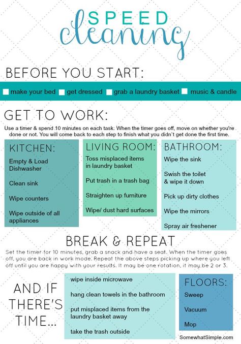 speed cleaning cheat chart....just making a bed makes the room seem like its clean! Great chart if your like me and get house cleaning ADD House Cleaning Checklist, Speed Cleaning, Deep Cleaning Tips, Household Cleaning Tips, Simple Life Hacks, Cleaning Checklist, Toilet Cleaning, Cleaning Schedule, Cleaning Routine