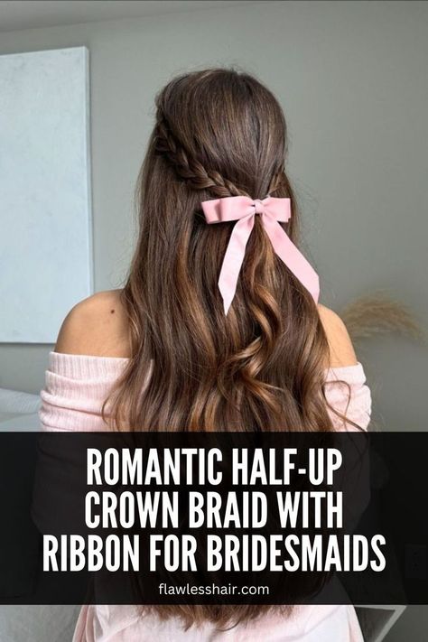 Romantic Half-Up Crown Braid with Ribbon for Bridesmaids Braid With Ribbon, Braided Half Updo, Half Updo, Crown Braid, Bridesmaid Style, Romantic Look, Half Up Half Down, Half Up, Bridesmaid Hair