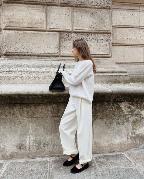 7 Simple Autumn Trouser Outfits Fashion People Are Wearing | Who What Wear UK White Trousers Outfit, Mary Jane Outfit, Trousers Outfit, Flat Photo, Silky Shirt, Trouser Outfit, Trouser Outfits, Sweater Season, White Trousers