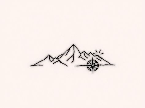 A simple tattoo design featuring a line drawing of a mountain range with a small compass in the corner, representing a sense of exploration and adventure. Mountain And Compass Tattoo, Mountain Compass Tattoo, Compass Mountains Tattoo, Mountain Range Tattoo Simple, Compass Mountain Tattoo Design, Line Drawing Mountain Tattoo, Mountain Range Tattoo, Simple Compass Tattoo, Simple Compass