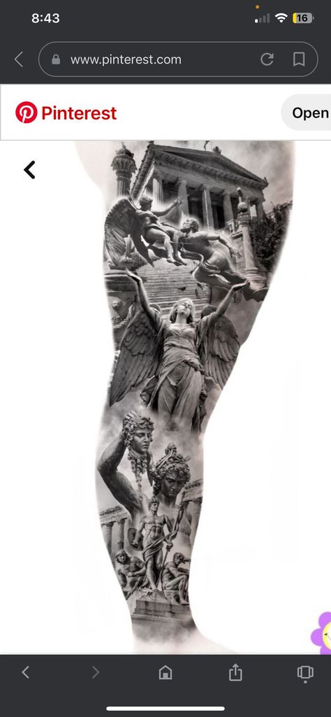 Greek Good Tattoo Sleeve, Leg Sleeve Tattoo Men Full Greek, Roman Tatoos Ideas, Roman Leg Sleeve, Greek Mythology Tattoos Leg Sleeve, Greek Tattoo Leg, Greek Tattoos Sleeve, Mythology Leg Sleeve, Greek Mythology Leg Tattoos