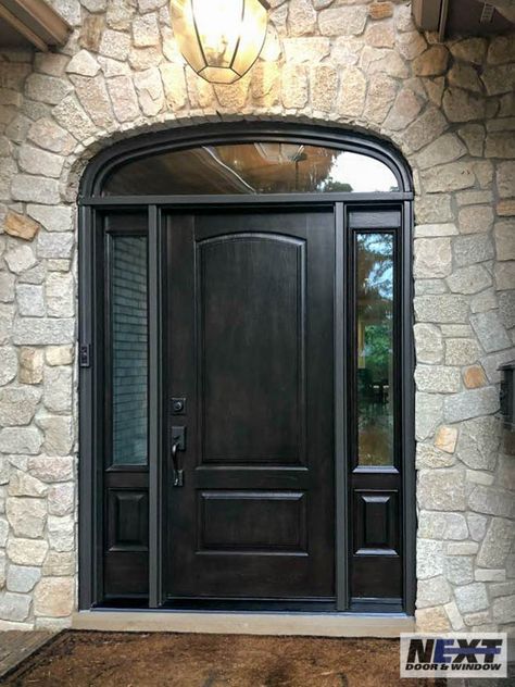 Provia Doors Front Entry, Front Door With Sidelights And Transom, Front Entry Doors With Sidelights, Farm Renovation, Black Entry Doors, Grey Front Door, Door With Sidelights, Entry Door With Sidelights, French Country Estate