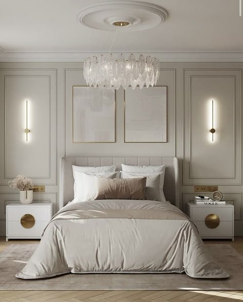 Simple Master Room Interior Design, Masteroom Design, French Moulding Bedroom, Mdf Panelling Wall Master Bedrooms, Real Bedroom Ideas, Modern Classic Interiors, Guestroom Inspirations, Classic Master Bedrooms Decor, Modern Classic Interior Bedroom