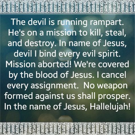 The devil is running rampart. He's on a mission to kill, steal, and destroy. In name of Jesus, devil I bind every evil spirit. Mission aborted! We're covered by the blood of Jesus. I cancel every assignment. No weapon formed against us shall prosper. In the name of Jesus, Hallelujah! Spiritual Warfare Prayers, Prayer For Family, Prayer Scriptures, Prayer Warrior, Spiritual Warfare, Power Of Prayer, Daily Prayer, Prayer Quotes, Religious Quotes