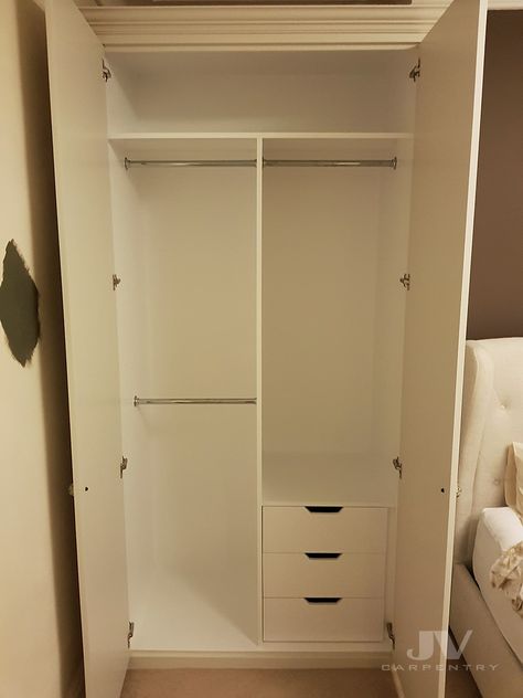 Closet Cabinet Ideas For Small Bedroom, Cabinets For Small Bedrooms Hanging Cabinets For Small Bedroom, Small Wardrobe With Drawers, Wardrobe Design Bedroom Small Space, Cabinet Wardrobe Design, Built In Cabinets Bedroom Small Spaces Closet, Small Wardrobe Interior Design, Wardrobe Hanging Rail Ideas, Built In Wardrobe Interior