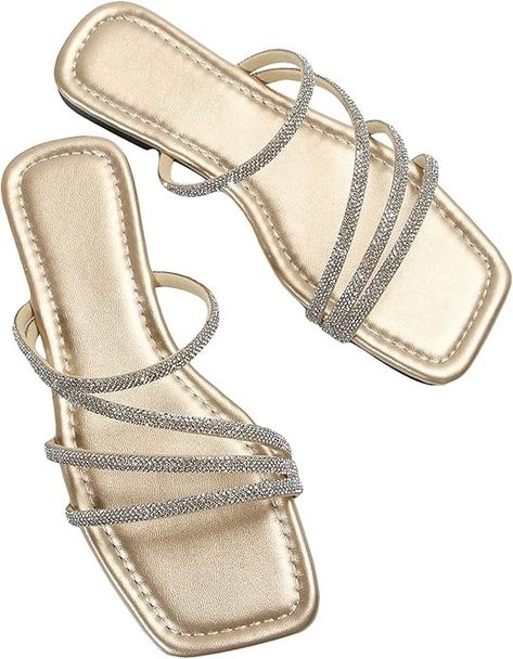 GORGLITTER Rhinestone Sandals Casual Flat Sandals Sparkly Flat Open Toe Slide Sandals, Gold, 7.5 : Amazon.ca: Clothing, Shoes & Accessories Sandals Sparkly, Sparkly Flats, Sparkly Sandals, Sandals Strappy, Rhinestone Flats, Sandals Gold, Sandals Casual, Rhinestone Sandals, Casual Flats