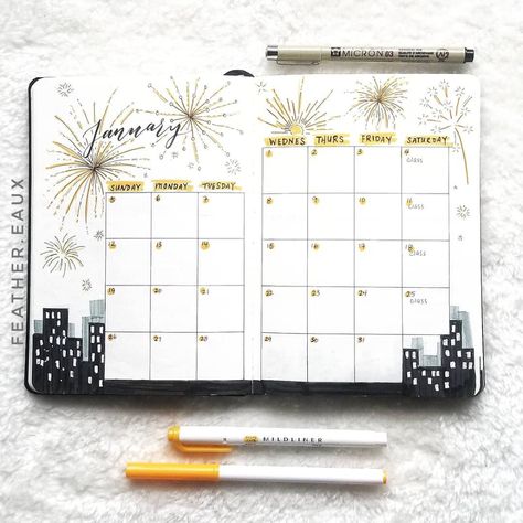 Lisa embraced a new year celebration for her 2020 Bullet Journal January Monthly Layout. How did you embrace the change of the year?   [Photo credit: Lisa (@feather.eaux)] January Bullet Journal Ideas, Bullet Journal Work, Bullet Journal Month, January Bullet Journal, Bullet Journel, Bullet Journal Ideas Templates, Bullet Journal Cover Ideas, Bullet Journal Paper, Bulletin Journal Ideas