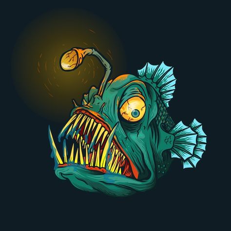 Angler Fish Illustration, Angler Fish Drawing, Scary Fish, Fish Artwork, Posca Art, Fish Vector, Fish Illustration, Angler Fish, Fish Drawings