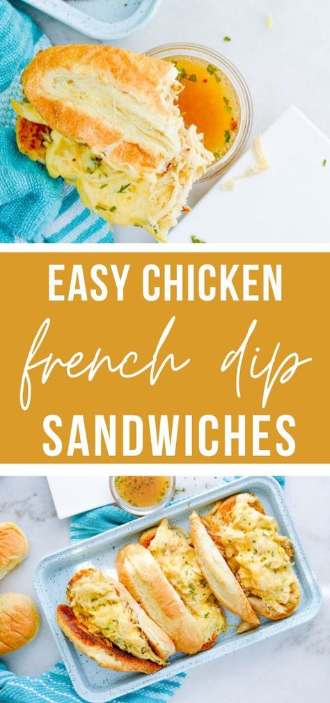 Need an easy freezer meal you'll love? This chicken french dip sandwich has the perfect amount of cheese, chicken, and dipping sauce you can't resist! #easy #freezermeal #makeahead #newmomfreezermeals… Turkey French Dip Sandwich, Chicken French Dip, Turkey Bites, Savory Lunch, French Dip Recipes, Happy Money Saver, Chicken French, Rolled Sandwiches, Happy Money