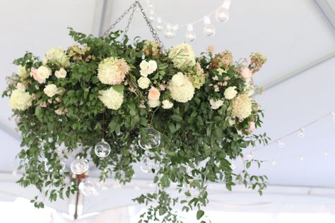 White Floral Chandelier, Greenery Ceiling, Orb Light Fixture, Hanging Wreaths, Factory Wedding, Coral Charm Peony, Wooden Trellis, Blush Peonies, Floral Installations