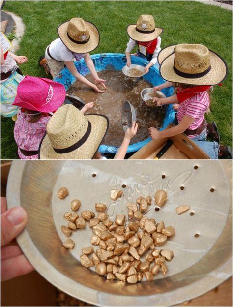 Outdoor Day Camp Activities, Cowboy Wedding Reception Ideas, Panning For Gold Activity For Kids, Wild West Summer Camp Activities, Rodeo Birthday Party Activities, Western Arts And Crafts, Wild West Games For Kids, Gold Rush Birthday Party, Cowboy Games For Kids