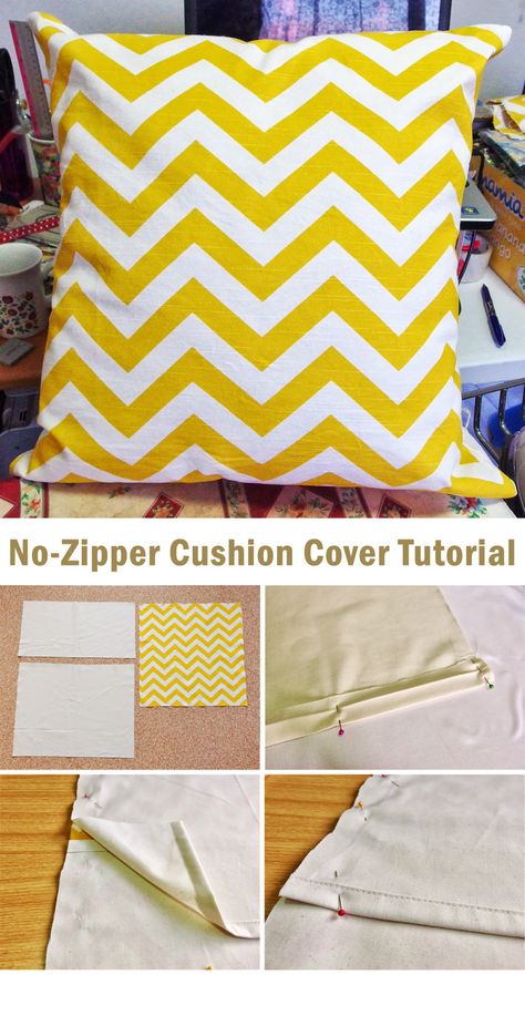 No-Zipper Cushion Cover Easy Tutorial Square Pillow Cover Diy, No Zip Cushion Cover Pattern, Sew Cushion Covers Easy, No Zipper Cushion Cover, No Zipper Pillow Cover Diy, How To Make A Cushion Cover Simple, Pillows Diy Ideas, Box Cushion Cover Diy No Zipper, How To Make A Pillow Cover Without A Zipper