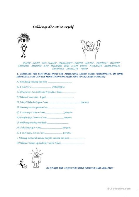 About Yourself Worksheet, Positive Self Talk Worksheet, Self Talk Worksheet, Adjectives To Describe Personality, Personality Adjectives, Character Worksheets, Some Sentences, Cursive Writing Worksheets, Word Recognition