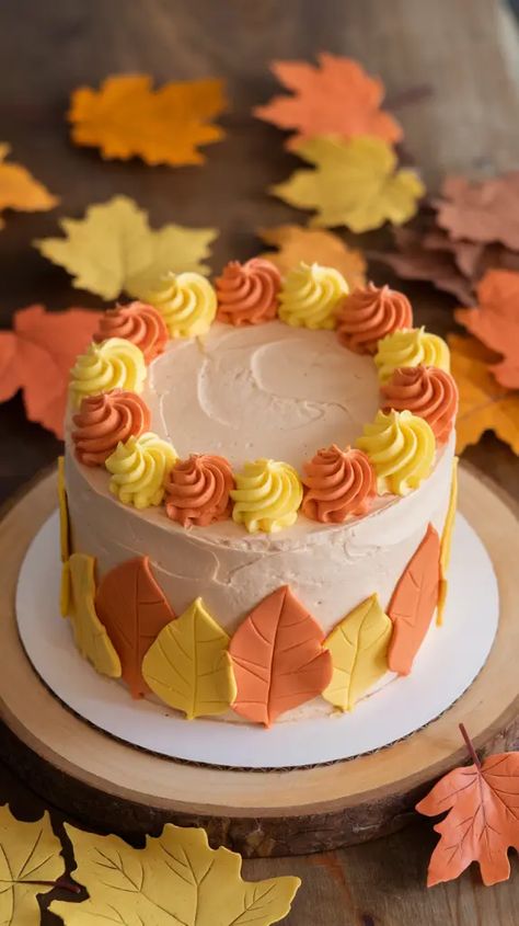 15 Fall Cake Designs to Elevate Your Seasonal Celebration Fall Birthday Cake Decorating Ideas, Birthday Cake Fall Colors, Fall Cake Decorating Ideas For Beginners, Fall Decorated Cakes Simple, Fall Round Cake Ideas, Fall Leaf Cake, Fall Cake Pops, Fall Birthday Cakes, Floral Cake Design