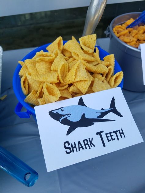 Megladon Shark Party, Shark Birthday Party Snacks, Finding Nemo Party Snacks, Third Birthday Shark Theme, Breaker Rock Beach Vbs 2024 Food Ideas, Cruise Theme Party Food, Fish Theme Snacks, Shark Week 2024, Beach Birthday Snacks