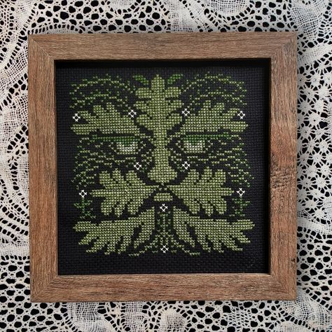 ❇️ The Green Man ❇️ Finished cross stitch of the Green Man pattern from Magickal Cross Stitch by @tuskandcardinal 🖤 This pattern called out to me right away and now that it’s stitched up and framed, I can’t wait to pick my next project from this amazing book! #crossstitchlover #magickalcrossstitch #forestcore #darkcottagecore #witchystyle Green Man Cross Stitch, Diy Cross Stitch Frame, Minecraft Cross Stitch, Dnd Cross Stitch, Book Cross Stitch Pattern, The Green Man, Finished Cross Stitch, Forest Core, Crafting Inspiration