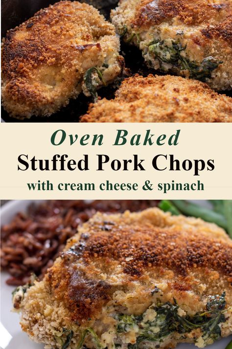 An easy recipe for baked pork chops stuffed with cream cheese and spinach Breaded Stuffed Pork Chops, Cream Cheese Spinach Stuffed Pork Chops, Stuffed Pork Chops Bone In, Stuffed Pork Loin Chops, Easy Stuffed Pork Chops Baked In Oven, Stuffing For Pork Chops, Stuffed Pork Chops In Oven, Cream Cheese Stuffed Pork Chops, Stuffed Pork Chops Baked In Oven