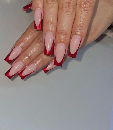 Red French Tip Nails Crome, French Tip Red Chrome, Metallic Red French Tip Nails, Red Chrome Tips Nails, Red Chrome French Tip Nails Square, Red Full Set Nails, Red Chrome French Nails, Red Chrome Tips, Red Valentines Day Nails Acrylic Short