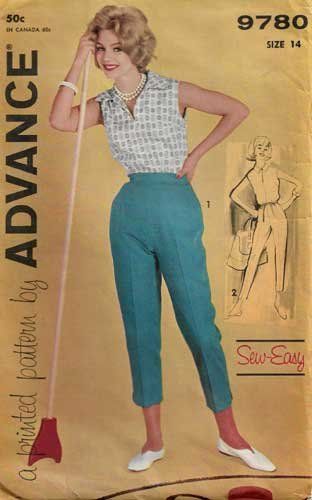 1960's Cropped Cigarette Pants and Blouse Sewing Pattern Size 14 UNCUT Vintage Advance 9780 60s Fashion Women, 1960s Fashion Women, Blouse Sewing Pattern, 50th Clothes, 60s Women, Blouse Sewing, 1960s Outfits, Fifties Fashion, Pants Sewing Pattern