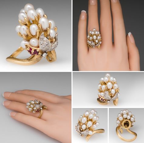 Pearl Cluster Ring, Coral Jewelry Set, Pearl Cocktail Ring, Pearl Cluster, Coral Jewelry, Diamond Flower, Ruby Diamond, Vintage Pearls, Cluster Ring