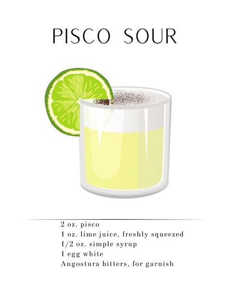 Pisco Cocktails Recipes, Pisco Sour Receta, Pisco Sour Recipe, American Drinks, Bar Cart Print, Sour Foods, Pisco Sour, Bar Cart Art, Liquor Drinks