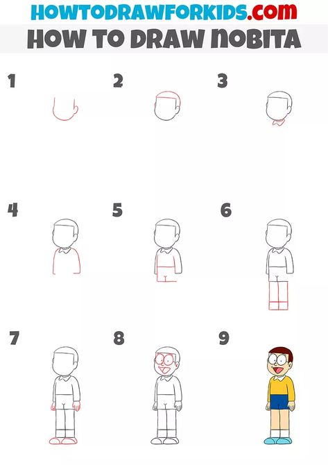 How to Draw Nobita - Easy Drawing Tutorial For Kids Nobita Drawing Step By Step, Nobita Drawing Easy, Nobita Sketch, Doremon Drawing Cute, Nobita Drawing, Jerry Drawing, Draw Mickey Mouse, Easy Steps To Draw, English Comics