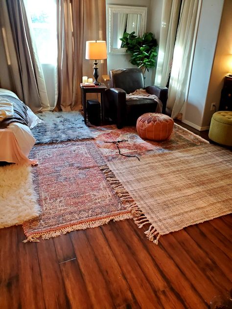 Multiple Rugs Bedroom, Stacked Rugs Living Room, Stacked Rugs Bedroom, Layering Rugs In Bedroom, Layering Carpet And Rugs, Stacking Rugs, Layered Carpets, Layered Area Rugs, Carpet Layering