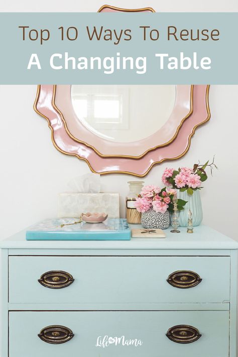 It's hard to see a nice, expensive piece of furniture go to waste when our children are too old to use it again. Case in point? A changing table. Once our baby is no longer a child, we no longer need this item. Luckily, we've gathered 10 brilliant ideas to reuse and repurpose your changing table so you can make the most of it and incorporate it into your home decor. | #lifeasmama #interiordesign #homeinterior #homedecor #interiordecor #housegoals Change Table, Expensive Items, Baby Swings, Mom Hacks, Baby Changing, House Goals, Nursery Neutral, Crafty Diy, Girls Room Decor