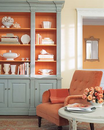 Love the pale blue and coral combination. Colourful Rooms, Wythe Blue, Painting Bookcase, Living Colors, Orange Rooms, Red Rooms, Home Decor Color, Benjamin Moore, Built Ins